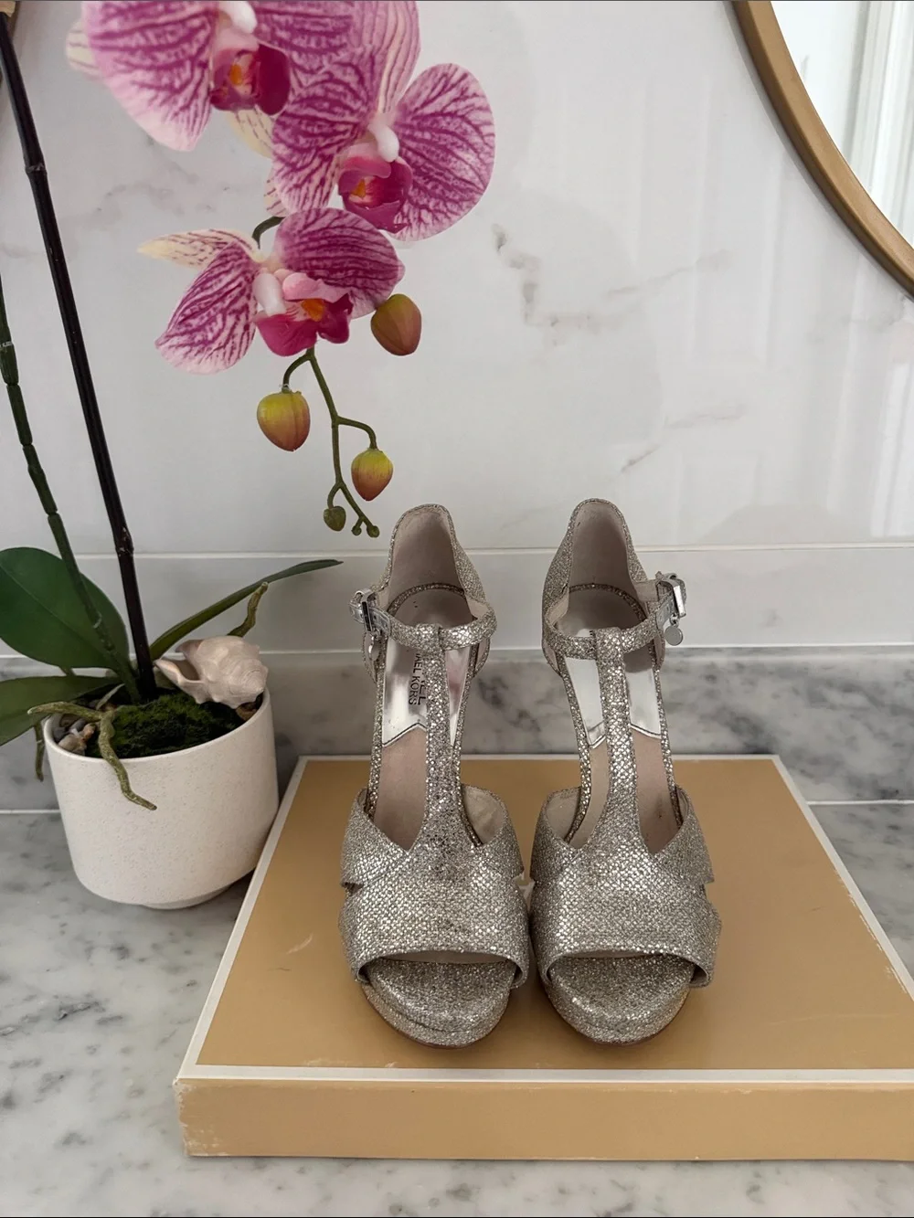 Michael Kors Silver Glitter T-Strap High Heel Sandals